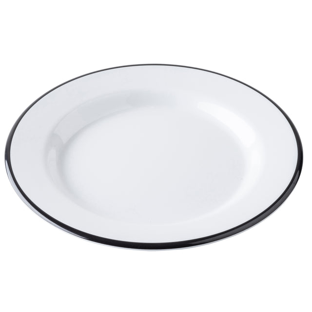 A plain, round white TableCraft Canteen Collection Plate with a thin black rim sits on a white background. Its glossy melamine plate finish and simple, classic design are highlighted from a slight angle. The plate is empty.
