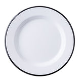 A simple, round, white Canteen Collection Plate by TableCraft with a thin black rim, shown from above on a white background. The melamine plate is empty and has a slight shine, indicating a smooth surface.