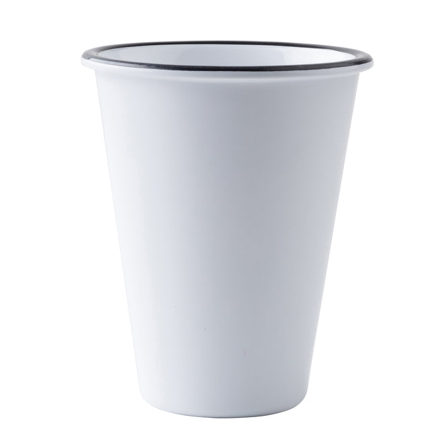 A white enamel cup with a slightly flared rim and thin black edging resembles the classic style of the TableCraft Products Canteen Collection Tumbler. The cup features a smooth, glossy finish with no handles or markings, set against a plain white background.