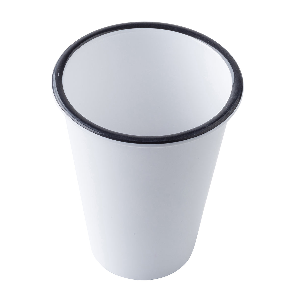 A white, cylindrical melamine tumbler with slightly flared sides and a black rim around the top edge. The cup, part of the TableCraft Products Canteen Collection Tumbler range, is empty and photographed from above against a plain white background.