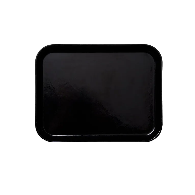 A rectangular, glossy black Camlite Tray with rounded corners viewed from above, set against a plain white background. The fiberglass tray has a slightly raised edge, a smooth, reflective surface, and is dishwasher safe.