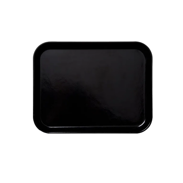 A rectangular, glossy black Camlite Tray with rounded corners viewed from above, set against a plain white background. The fiberglass tray has a slightly raised edge, a smooth, reflective surface, and is dishwasher safe.