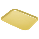A rectangular, light yellow Camlite Tray with rounded corners and slightly raised edges is pictured on a white background, viewed at an angle that shows its depth and smooth, dishwasher safe fiberglass surface.
