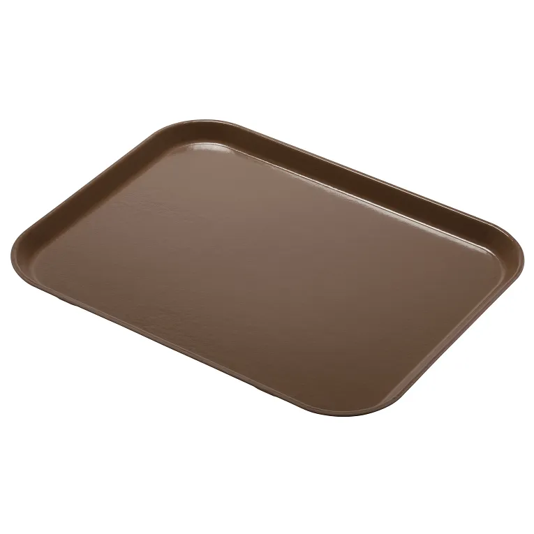 A brown, rectangular Camlite Tray with rounded corners and slightly raised edges rests on a plain white background. The smooth surface suggests it is a durable, dishwasher safe fiberglass tray ideal for cafeteria use.