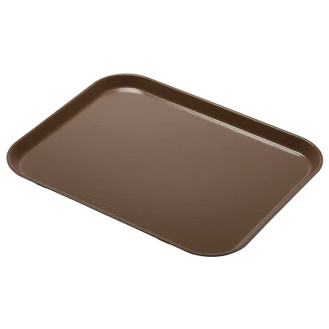 A brown, rectangular Camlite Tray with rounded corners and slightly raised edges rests on a plain white background. The smooth surface suggests it is a durable, dishwasher safe fiberglass tray ideal for cafeteria use.