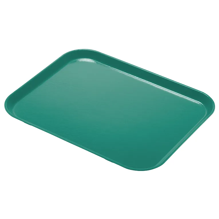 A rectangular, teal-colored Camlite Tray made from durable fiberglass is shown against a white background. The NSF-certified cafeteria tray features rounded corners, slightly raised edges, and is angled to display its surface and side profile.