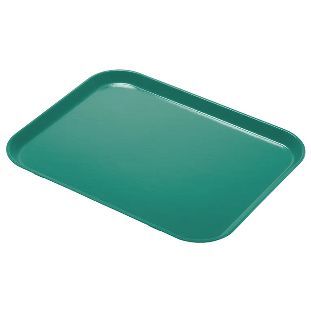 A rectangular, teal-colored Camlite Tray made from durable fiberglass is shown against a white background. The NSF-certified cafeteria tray features rounded corners, slightly raised edges, and is angled to display its surface and side profile.