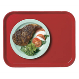 A green plate on a Camlite Tray holds a grilled steak, slices of fresh tomato, mozzarella, and leafy greens arranged beside each other. The durable fiberglass tray is dishwasher safe and vibrant in red when viewed from above.