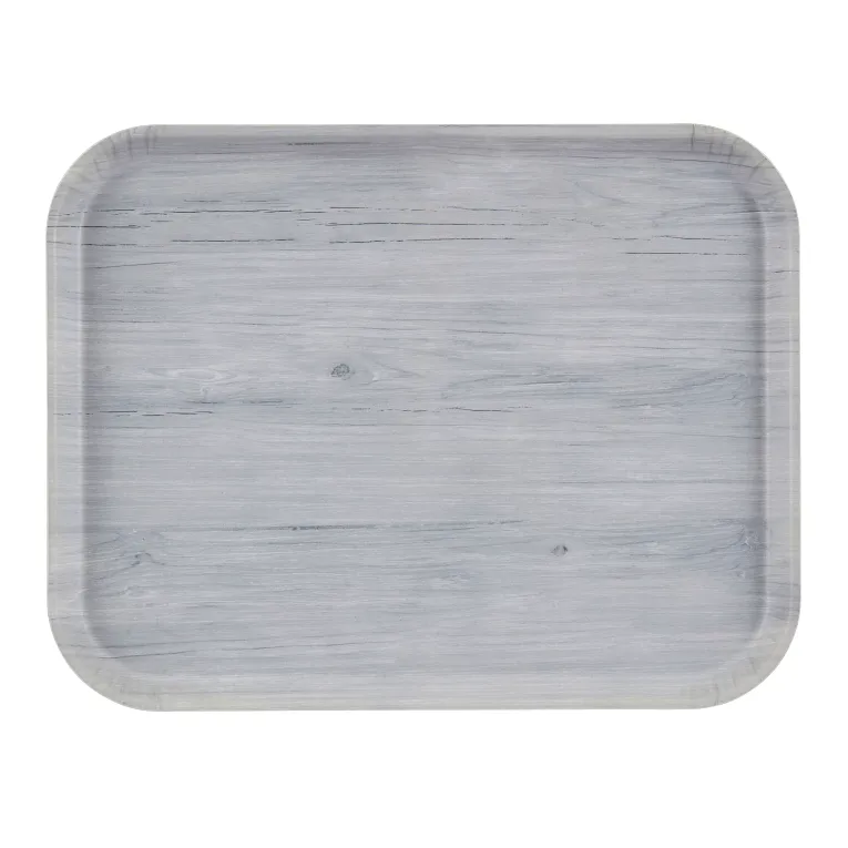 Rectangular Décor Series Camtray fiberglass tray with rounded corners, featuring a light gray wood grain finish. Subtle lines and knots imitate natural wood texture. The NSF-certified tray’s edges are slightly raised; background is plain white.