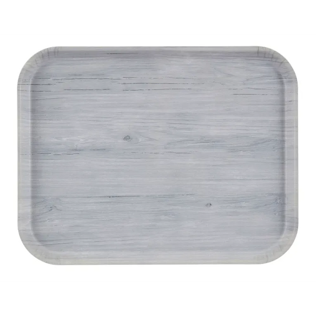 Rectangular Décor Series Camtray fiberglass tray with rounded corners, featuring a light gray wood grain finish. Subtle lines and knots imitate natural wood texture. The NSF-certified tray’s edges are slightly raised; background is plain white.