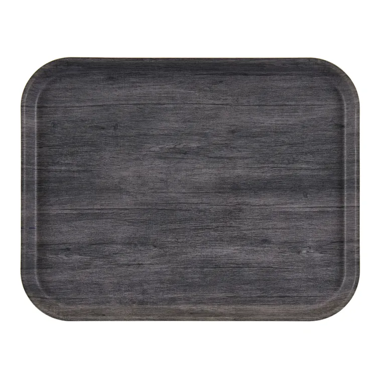 A rectangular Camtray with rounded corners, featuring a dark gray wood grain pattern. The non-skid tray has subtle variations in shading and texture, resembling natural wood. The tray is empty and set against a plain white background.