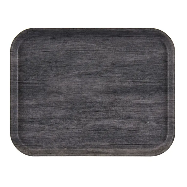 A rectangular Camtray with rounded corners, featuring a dark gray wood grain pattern. The non-skid tray has subtle variations in shading and texture, resembling natural wood. The tray is empty and set against a plain white background.