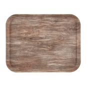 A rectangular Décor Series Camtray with rounded corners, featuring a wood grain texture in shades of brown that mimics natural wood. This durable fiberglass tray is photographed against a white background.
