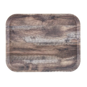 A rectangular fiberglass tray with rounded corners, featuring a woodgrain pattern in dark oak and light gray, resembling rustic wooden planks. This Décor Series Camtray is photographed from above against a white background.