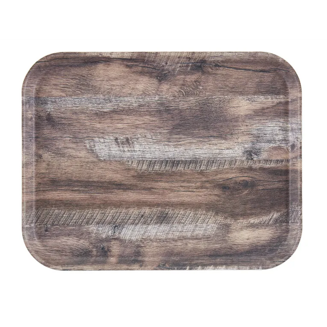 A rectangular Décor Series Camtray with rounded corners, featuring a wood grain pattern in brown and gray shades, mimicking natural wood. The smooth, durable fiberglass tray is set against a white background.