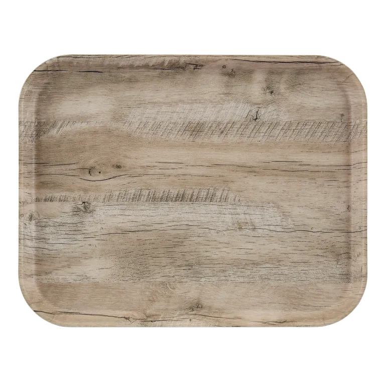 A rectangular Camtray serving tray with rounded corners featuring a light brown wood grain pattern, resembling natural wood with subtle lines, knots, and texture. This durable fiberglass tray is flat and photographed against a white background.