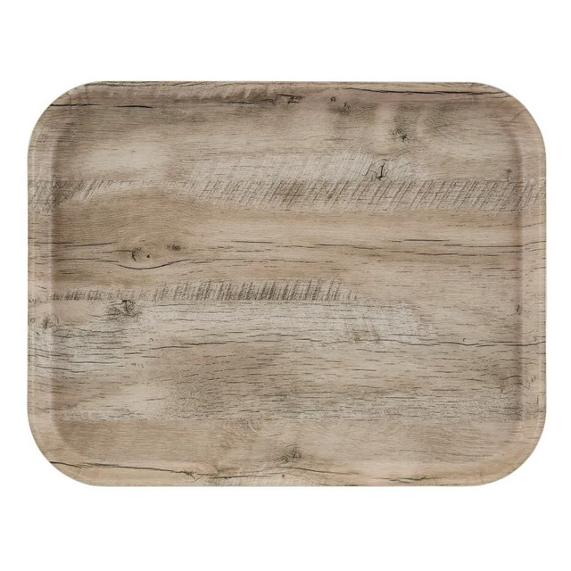 A rectangular Camtray serving tray with rounded corners featuring a light brown wood grain pattern, resembling natural wood with subtle lines, knots, and texture. This durable fiberglass tray is flat and photographed against a white background.