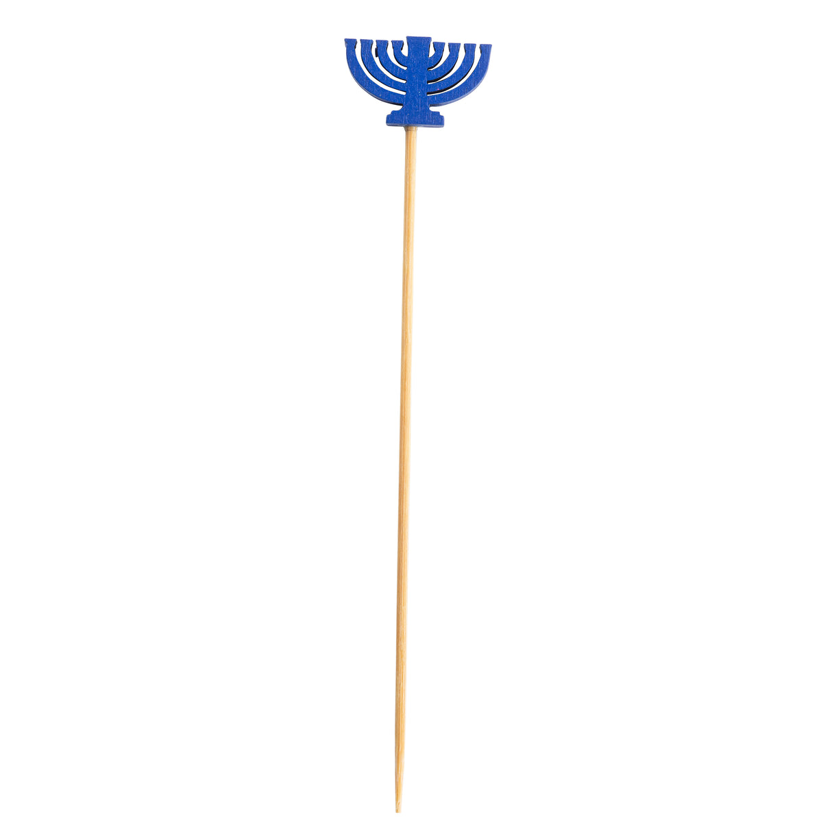 A wooden skewer from TableCraft Products with a blue menorah decoration made of paper or plastic at the top. This decorative pick features a stylized nine-branch menorah, symbolizing Hanukkah, set against a plain white background.
