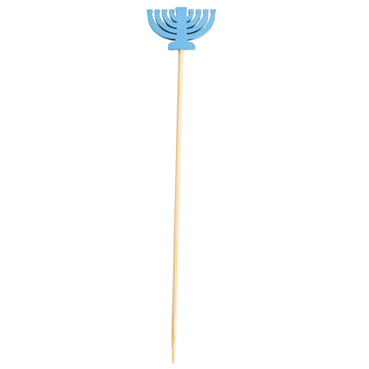 A wooden skewer with a blue menorah-shaped topper at the top, this decorative pick from TableCraft Products is perfect for Hanukkah. The stylized nine-branch menorah sits atop the vertically aligned bamboo pick against a white background.