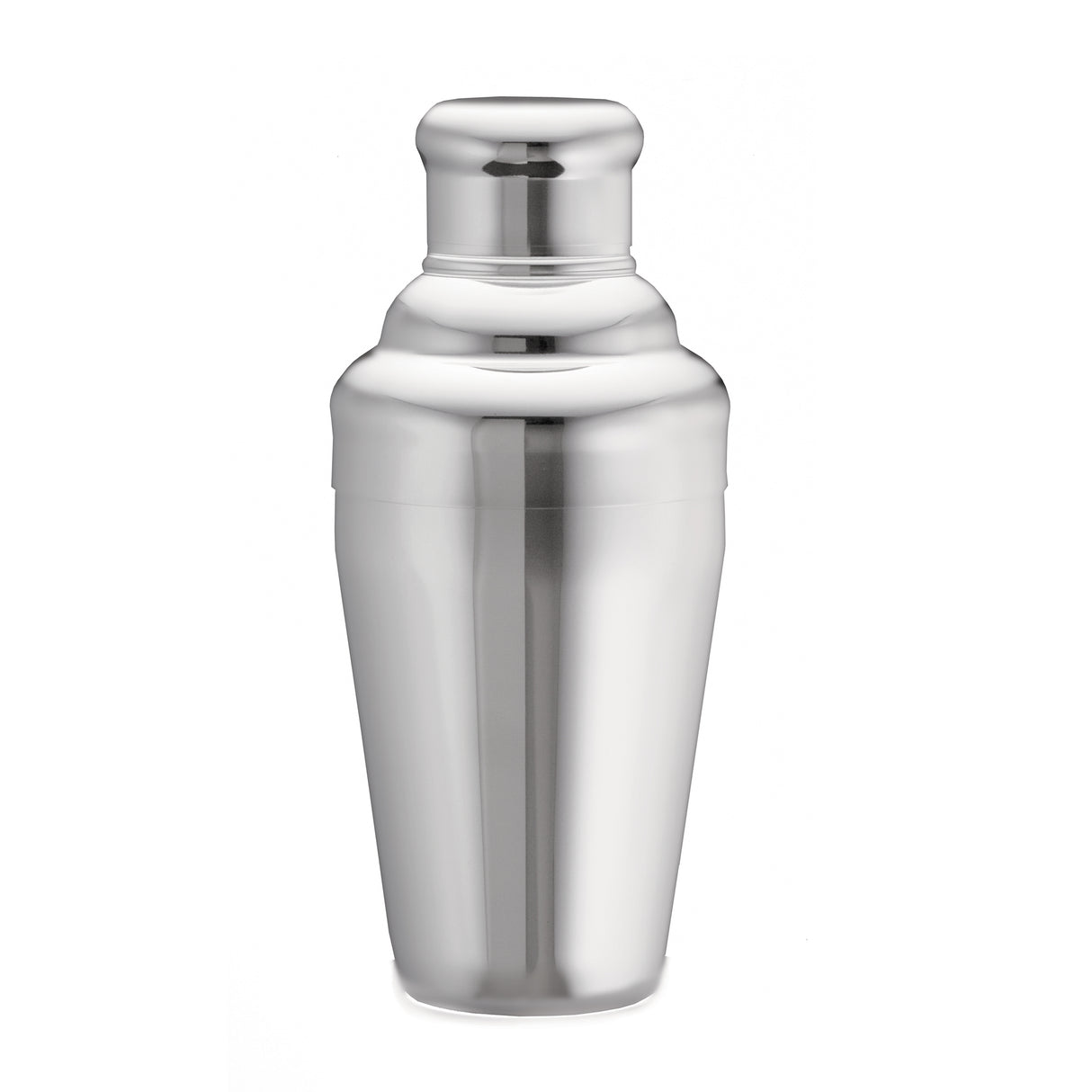 A shiny stainless steel cocktail shaker with a smooth, reflective surface stands upright against a plain white background. This modern bar shaker set features a rounded cap and seamless design, offering a professional and stylish appearance.
