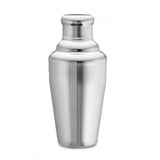 A shiny stainless steel cocktail shaker with a smooth, reflective surface stands upright against a plain white background. This modern bar shaker set features a rounded cap and seamless design, offering a professional and stylish appearance.