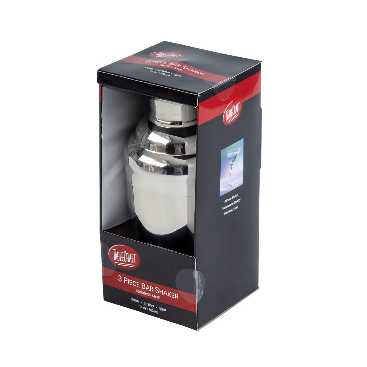 A 17 oz stainless steel 3-piece bar shaker set is displayed in a black and red HoldAll branded box with a clear plastic window, revealing the shiny metal shaker inside. Box text states, 3 Piece Bar Shaker, Stainless Steel, and shows a blue cocktail image.