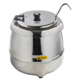 A shiny 10.5 qt. stainless steel Soup Kettle Warmer with a round body, black knob, hinged lid, side handle, and small spout. A yellow "Caution Hot" label is visible on the front. The kettle stands on short feet.