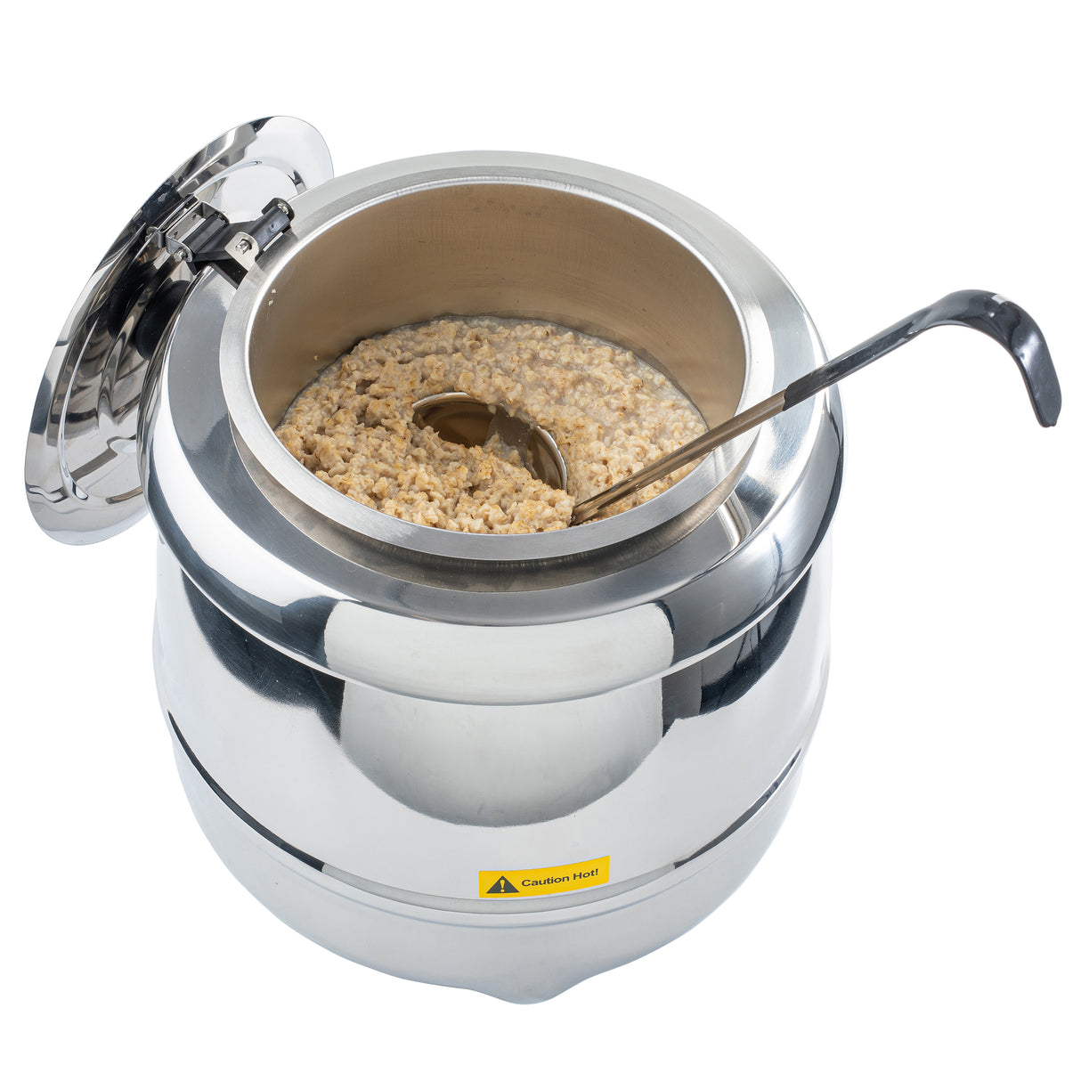 A stainless steel Soup Kettle Warmer, 10.5 qt., with a hinged lid sits open to reveal cooked oatmeal inside. A metal ladle rests in the central well, and a yellow caution label warning of hot surfaces is visible on the front.