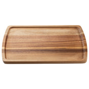 A rectangular Acacia board with rounded edges and slightly raised sides. The tray features natural wood grain patterns in varying light and medium brown tones. It is empty and photographed on a white background.