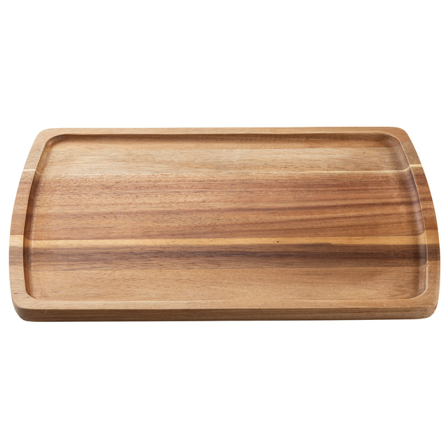 A rectangular Acacia board with rounded edges and slightly raised sides. The tray features natural wood grain patterns in varying light and medium brown tones. It is empty and photographed on a white background.