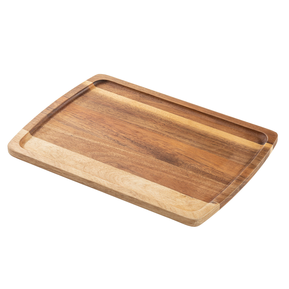 A rectangular Acacia board with rounded edges and a shallow groove along the perimeter is shown on a white background. The wood has natural light and dark grain patterns, giving this wood serving plate a warm, rustic appearance.