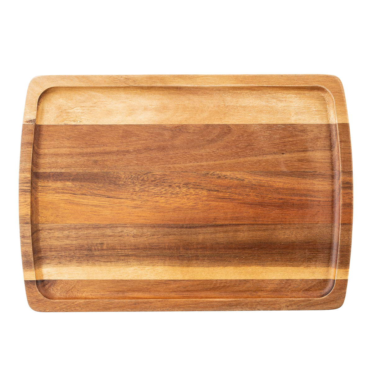 A rectangular Acacia board with rounded edges and a shallow groove along the border, featuring natural wood grain patterns in varying shades of brown. The smooth wood serving plate is empty, set against a white background.