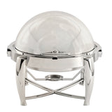 A modern, polished 6 qt. stainless steel chafer with a dome-shaped transparent lid and four curved legs. Features a dripless roll top for easy access and a fuel holder underneath to keep food warm during service.