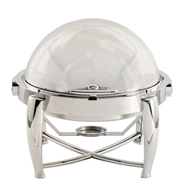 A modern, polished 6 qt. stainless steel chafer with a dome-shaped transparent lid and four curved legs. Features a dripless roll top for easy access and a fuel holder underneath to keep food warm during service.