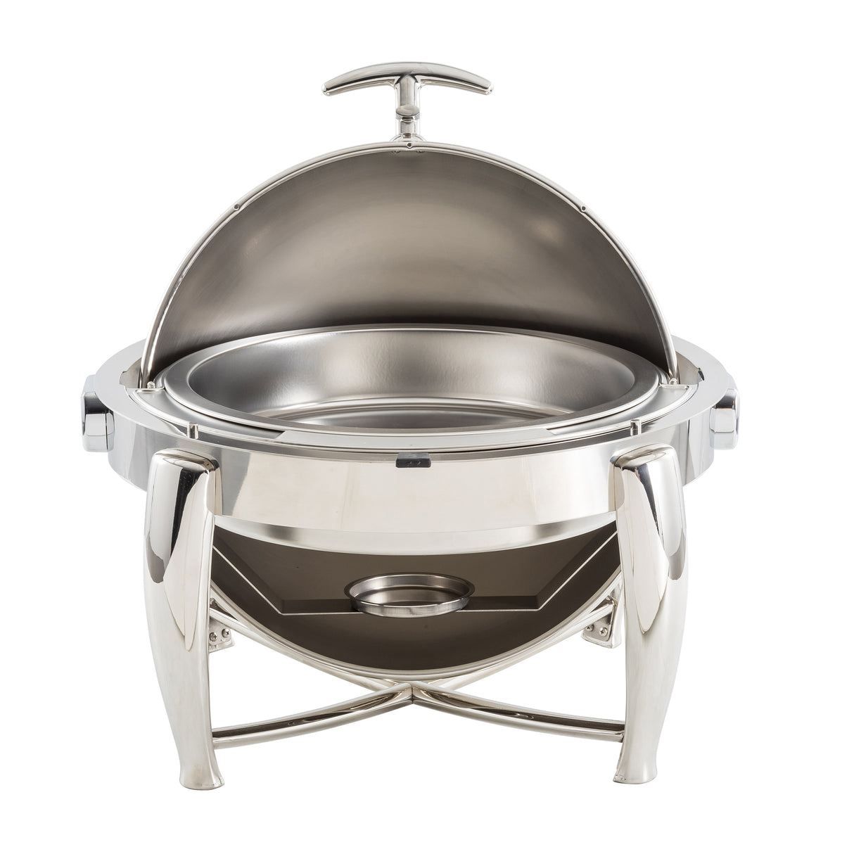 A shiny, stainless steel chafer with a 6 qt. capacity features a round, dome-shaped dripless roll top lid that opens upward. It stands on three sturdy legs, has a tray for fuel underneath, and an empty inner food pan, all reflecting light.