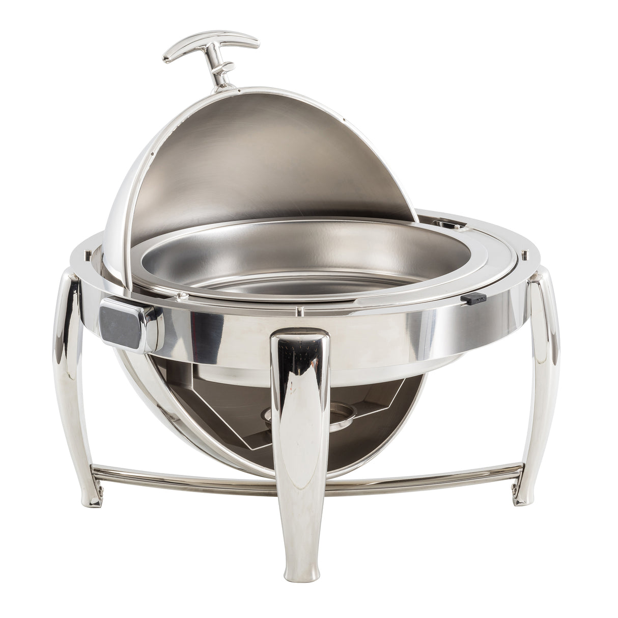 A shiny, stainless steel chafer with a dome-shaped, dripless roll top lid partially open. This 6 qt. chafer is elevated on three sturdy legs and has a handle for easy lifting. The smooth interior keeps food warm at events.