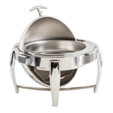 A shiny, stainless steel chafer with a dome-shaped, dripless roll top lid partially open. This 6 qt. chafer is elevated on three sturdy legs and has a handle for easy lifting. The smooth interior keeps food warm at events.