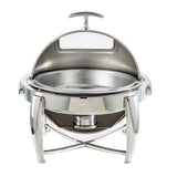 A shiny stainless steel chafer with a round, domed lid propped open stands on four sturdy, curved legs. It features a fuel holder for keeping food warm and boasts a clean, reflective interior—perfect as a stackable chafer for easy storage.