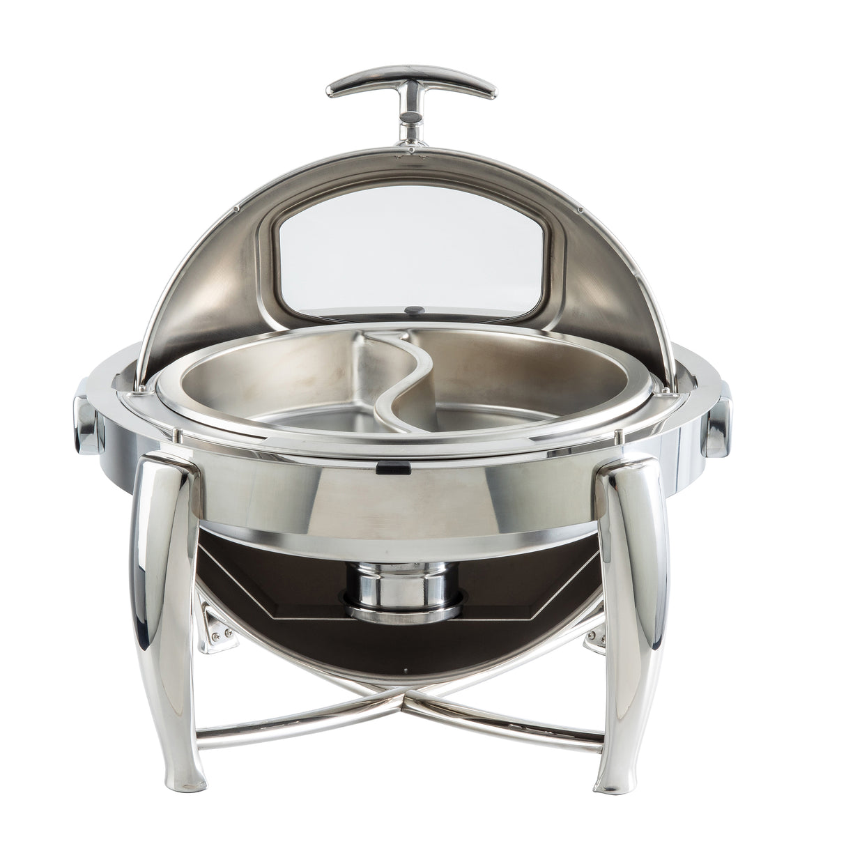 A shiny stainless steel chafer featuring a round, divided food tray and a dripless roll top lid. Supported by four curved legs with a visible fuel holder beneath, this modern design keeps food warm while adding sleek elegance to any buffet.