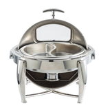 A shiny stainless steel chafer featuring a round, divided food tray and a dripless roll top lid. Supported by four curved legs with a visible fuel holder beneath, this modern design keeps food warm while adding sleek elegance to any buffet.