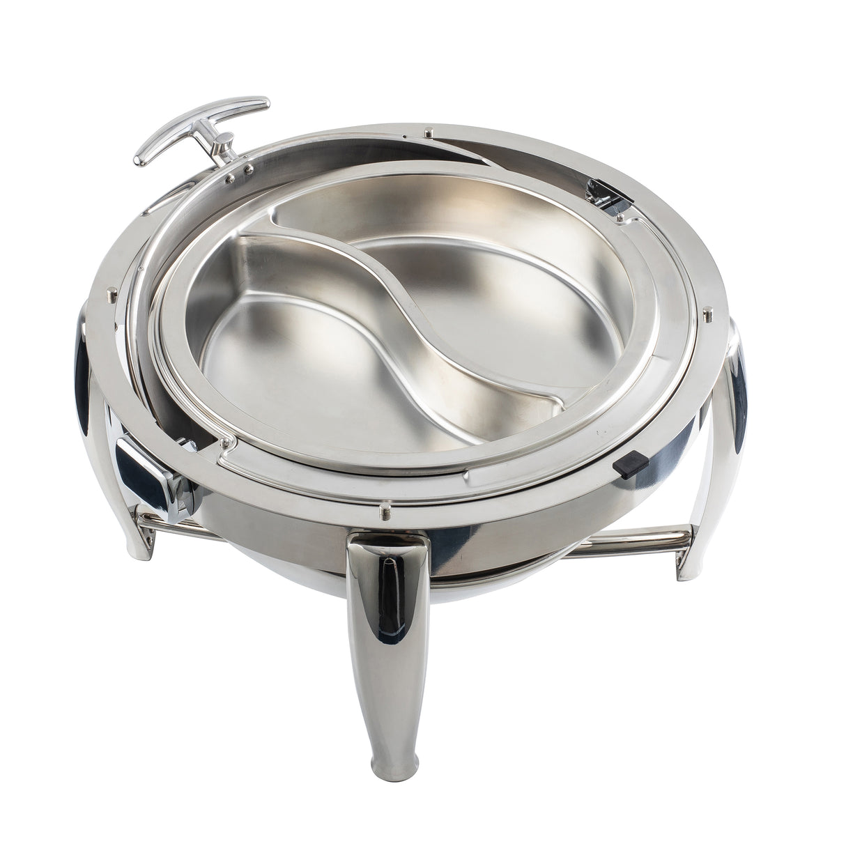 A shiny, round stainless steel chafer with a divided interior for two food sections, a handle on the lid, and three sturdy legs for support is shown against a white background. This dripless roll top chafer ensures easy serving and spill-free use.