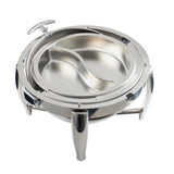 A shiny, round stainless steel chafer with a divided interior for two food sections, a handle on the lid, and three sturdy legs for support is shown against a white background. This dripless roll top chafer ensures easy serving and spill-free use.