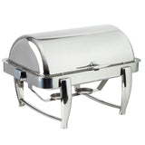 A shiny stainless steel chafer with a domed, dripless roll top lid and four sturdy legs. The full size chafer features a handle on top, fuel holders below, and a reflective polished surface—perfect for keeping food warm at buffets or events.
