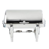 A shiny stainless steel chafer with a closed domed lid and four sturdy legs. Two circular holders underneath keep food warm in buffet or catering settings. This full size chafer sits on a plain white background.