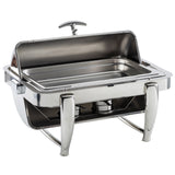 A full size stainless steel chafer with a rectangular food tray, raised lid, and two fuel holders underneath. Four curved legs provide stability, making it ideal for keeping food warm at buffets or events.