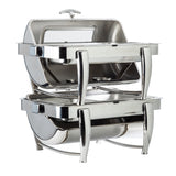 A 9 qt stainless steel chafer with two stacked rectangular food trays, each featuring a dripless roll top chafer lid. This modern buffet server has sleek, curved legs and a polished finish, perfect for keeping food warm at events.