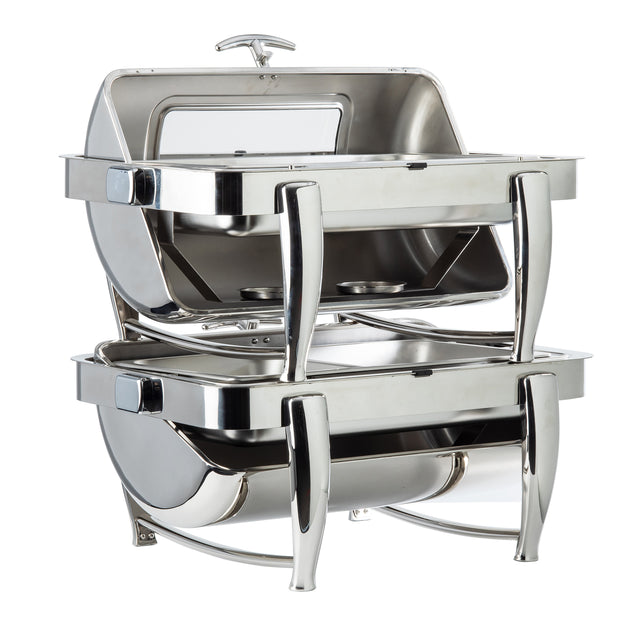 A 9 qt stainless steel chafer with two stacked rectangular food trays, each featuring a dripless roll top chafer lid. This modern buffet server has sleek, curved legs and a polished finish, perfect for keeping food warm at events.