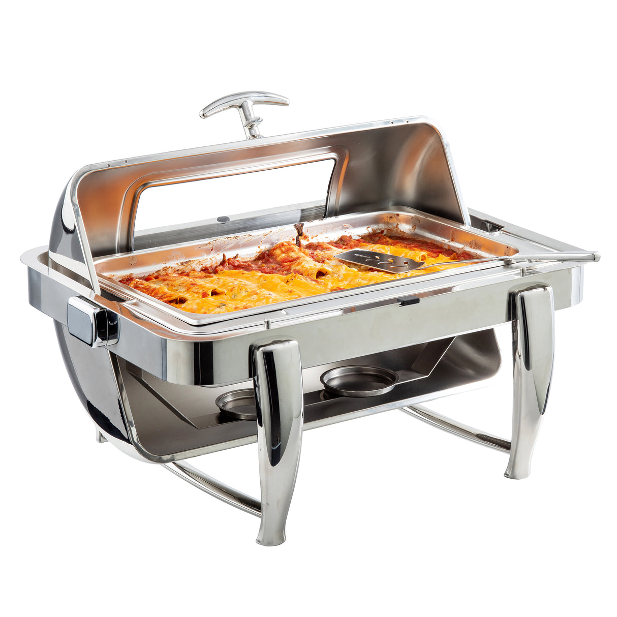 A shiny 9 qt stainless steel chafer with curved legs and a propped, dripless roll top lid displays a tray of baked lasagna topped with golden-brown melted cheese. A serving spatula rests inside. The chafer sits on a white background.