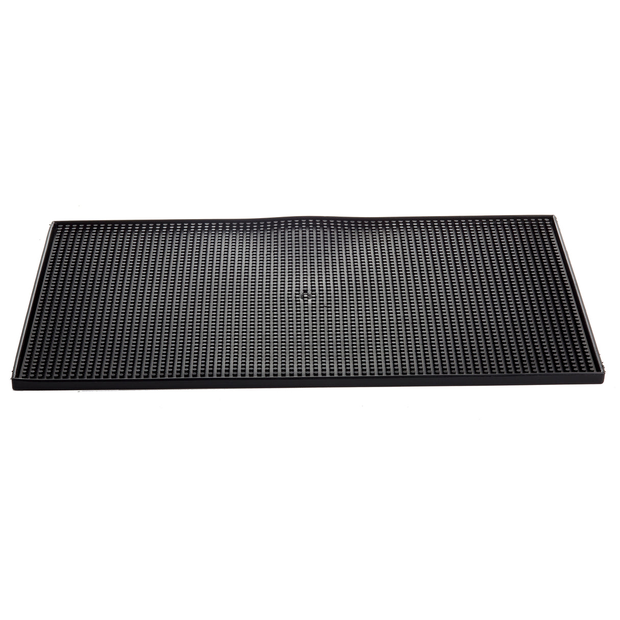 A rectangular black rubber service mat with raised, evenly spaced bumps and a narrow border, photographed on a white background. This mat is dishwasher safe for easy cleaning.