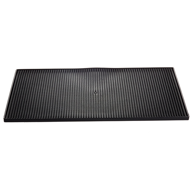 A rectangular black rubber service mat with raised, evenly spaced bumps and a narrow border, photographed on a white background. This mat is dishwasher safe for easy cleaning.